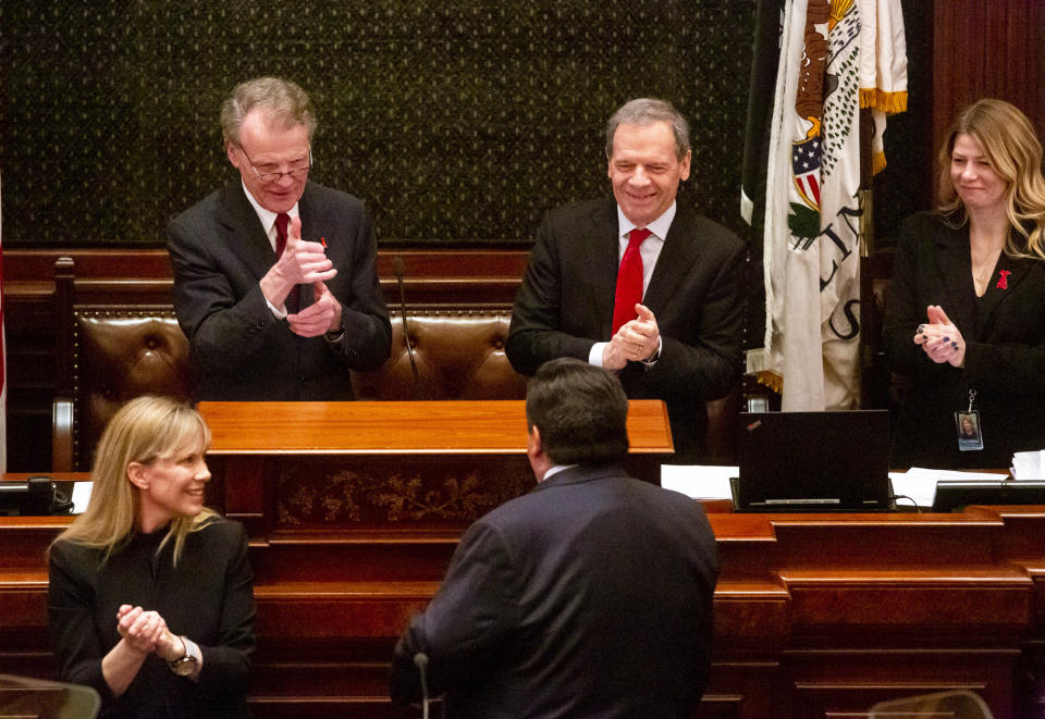 Gov. J.B. Pritzker is applauded as he delivers his budget address to a joint session of the General Assembly Wednesday, Feb. 20, 2019 at the Capitol in Springfield, Ill. (Rich Saal/The State Journal-Register via AP)