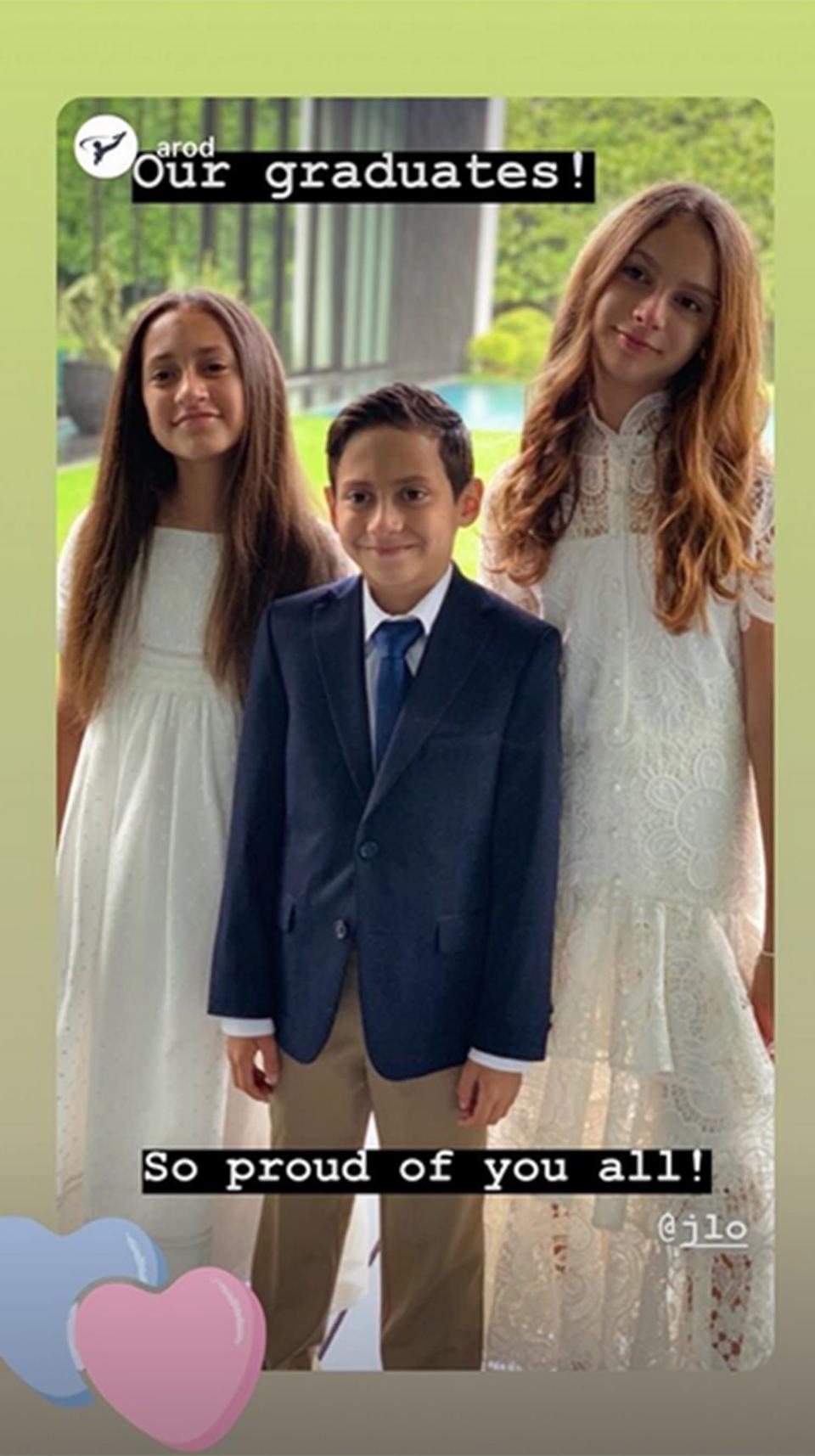 Jennifer Lopez's twins Emme and Max and Alex Rodriguez's youngest daughter Ella are moving on up to the sixth grade. Rodriguez took an Instagram snap of all three kids and added the caption: "Our graduates! So proud of you all!" The delighted dad also tagged fiancée Lopez in the photo so, of course, the happy mom of twins had to repost the sweet photo on her Instagram as well.