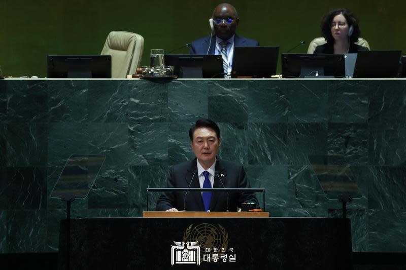 尹錫悅20日在美國紐約舉行的第78屆聯合國大會上發表演講。（翻攝自南韓總統府官網）