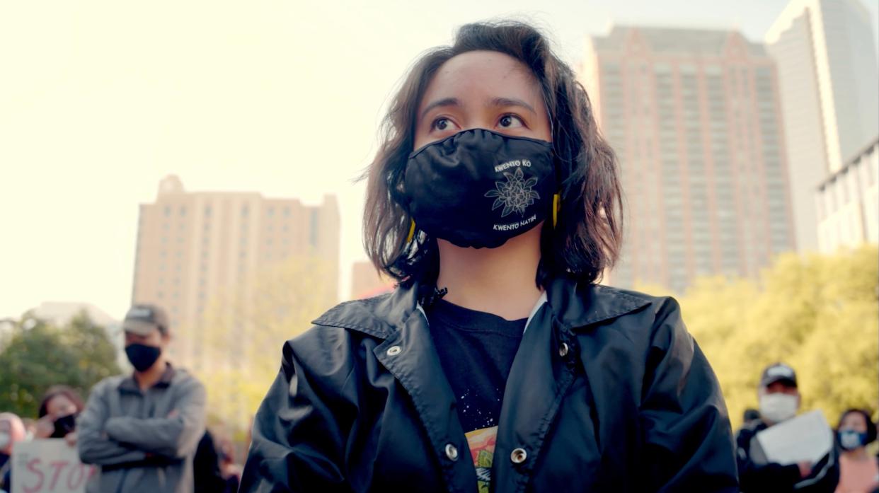 Jena Maravilla at a social justice protest from the PJ Raval movie, "Who We Become."