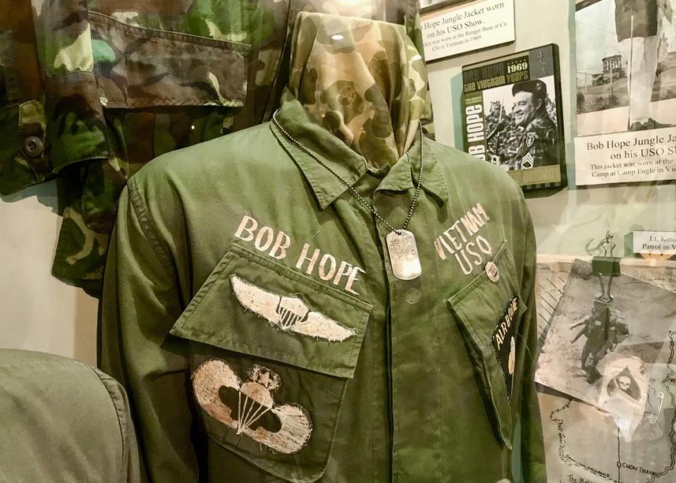 “As we flew in, they gave us a 21-gun salute. Three of them were ours.” Webb Military Museum displays the uniform of Bob Hope, the entertainer and celebrity who toured Vietnam performing shows to entertain the troops.