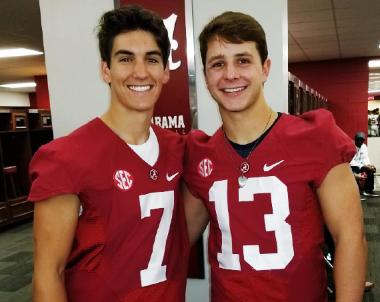 Future Princeton and Iowa State quarterbacks Brevin White and Brock Purdy visit the University of Alabama as high school seniors. (Obtained by NBC News)