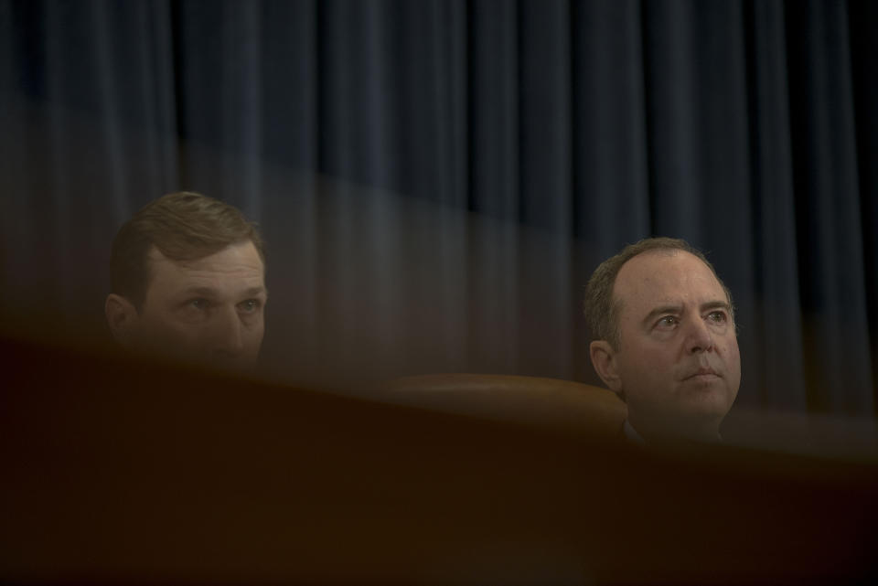Chairman Adam Schiff (D-Calif.) and Democratic counsel Daniel Goldman listen to Ambassador Gordon Sondland testify during the House Intelligence Committee hearing on the impeachment inquiry on Capitol Hill in Washington, D.C. on Nov. 20, 2019. | Gabriella Demczuk for TIME