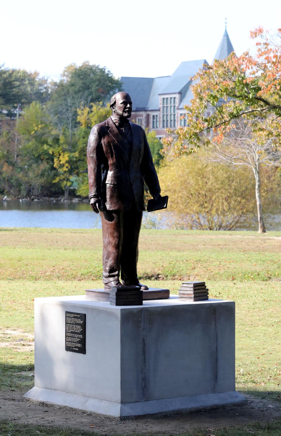 A statue of acclaimed author, and former New Rochelle resident E.L. Doctorow was installed at Huguenot Park in New Rochelle, pictured Oct. 19, 2023.