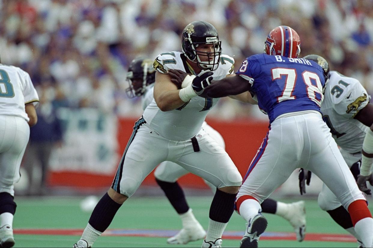 The NFL's all-time sacks leader Bruce Smith (78) called out Tony Boselli's Hall of Fame induction process on social media. (Getty)