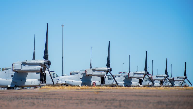 In this photo released by Australian Department of Defense, United States Marine Corps MV-22B Osprey tiltrotor aircraft are parked at RAAF Base Darwin, Australia, Aug. 11, 2023, during Exercise Alon at the Indo-Pacific Endeavour 2023. Three marines were killed in an aircraft crash Sunday.