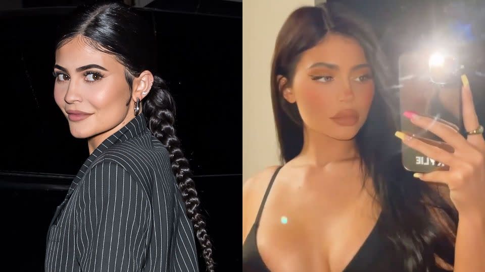 Kylie Jenner compartió una nueva serie de selfies frente al espejo en Instagram, luciendo una de sus prendas favoritas de Skims, la línea modeladora de su hermana Kim. (Imágenes vía Getty Images/Instagram/KylieJenner)