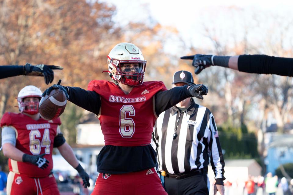 Nov 18, 2023; Oradell, NJ, USA; Donovan Catholic football at Bergen Catholic in a State, Non-Public A, semifinal game. BC #6 Luca Cuttita celebrates after making a catch for a touchdown in the fourth quarter.