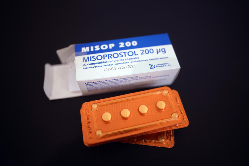 FILE - Misoprostol drug, the most common abortion pill, sits on a gynecological table at Casa Fusa, a health center that advises women on reproductive issues and performs legal abortions in Buenos Aires, Argentina, Friday, Jan. 22, 2021. Misoprostol empties the uterus by causing cramping and bleeding. The drugs are approved for use by the FDA up to 10 weeks of gestation. (AP Photo/Victor R. Caivano, File)