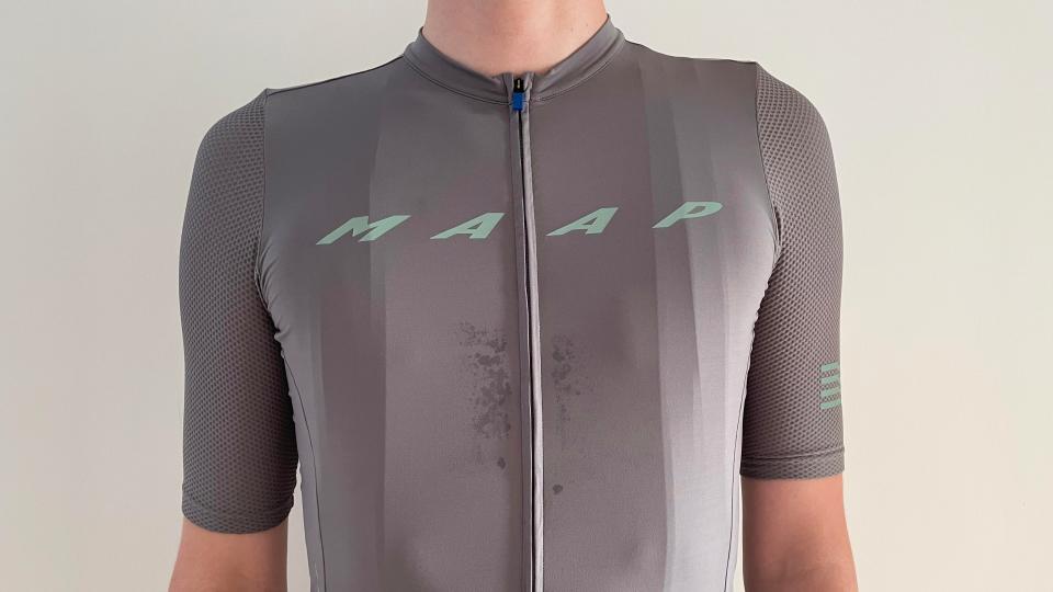 Male cyclist wearing Maap Pro Evade Base Jersey 2.0 in gargoyle grey