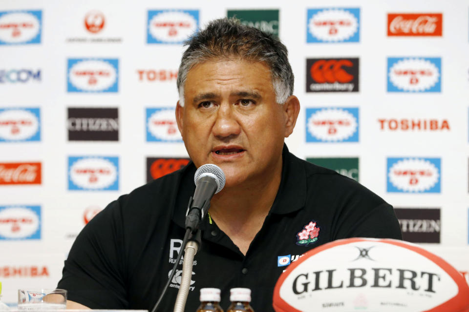 Japan head coach Jamie Joseph announces his 31-man squad for the Rugby World Cup during a press conference in Tokyo Thursday, Aug. 29, 2019. The 2019 Rugby World Cup kicks off next month. (Yuhei Tachibana/Kyodo News via AP)