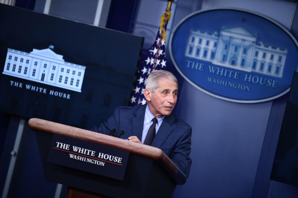 Director of the National Institute of Allergy and Infectious Diseases Anthony Fauci speaks during a White House Coronavirus Task Force press briefing in the James S. Brady Briefing Room of the White House on November 19, 2020. (Photo by Brendan Smialowski / AFP) (Photo by BRENDAN SMIALOWSKI/AFP via Getty Images) (AFP via Getty Images)