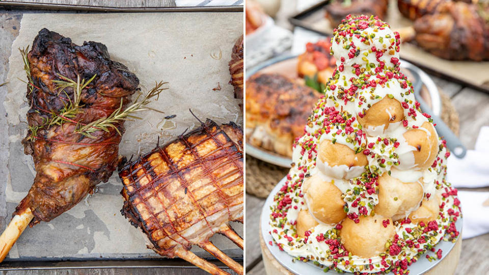 The Gold Lamb Leg Roast with Fig & Rosemary Stuffing and a Christmas Croquembouche are among the 16 new Christmas items Woolworths has unveiled
