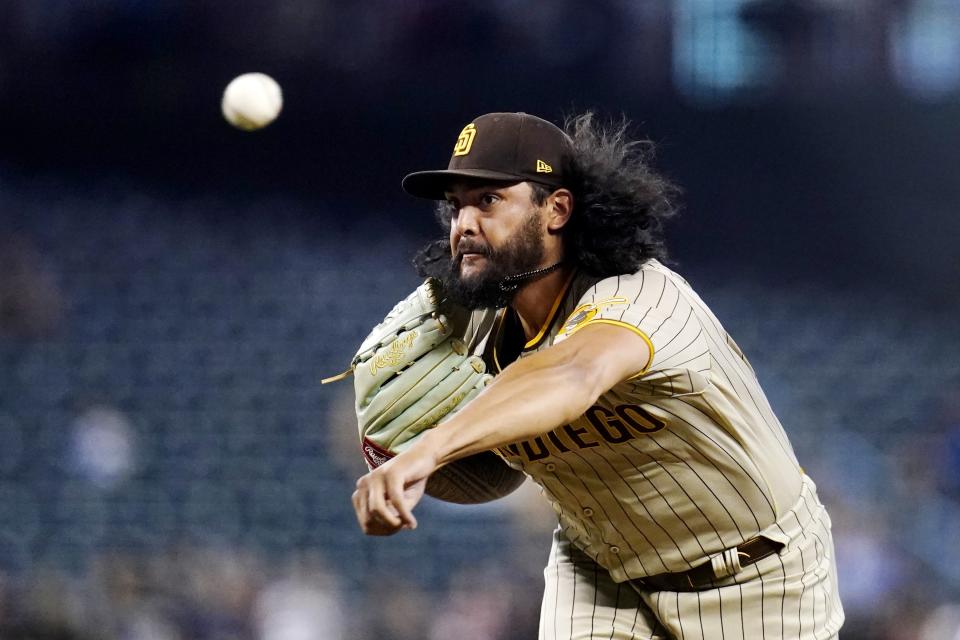 San Diego Padres starting pitcher Sean Manaea throws a pitch against the Arizona Diamondbacks during the first inning of a baseball game Tuesday, June 28, 2022, in Phoenix. (AP Photo/Ross D. Franklin)