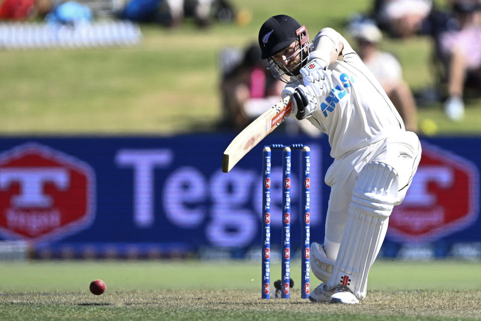 Kane Williamson of New Zealand bats during the first day of the first cricket test between New Zealand and South Africa at Bay Oval, Mt Maunganui, New Zealand. Sunday Feb. 4, 2024. (Photo: Andrew Cornaga/Photosport via AP)