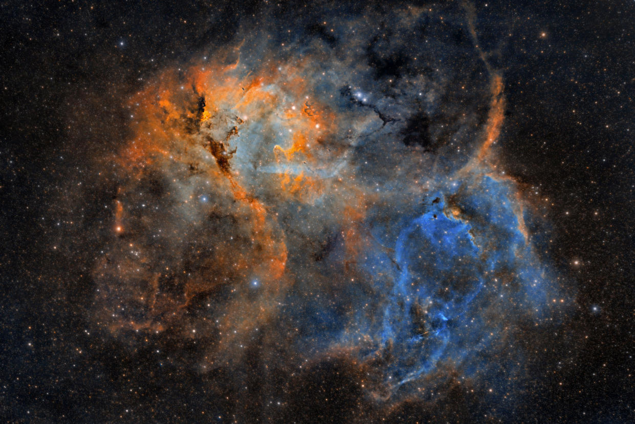 Lion Nebula (Sh2 -132) is an extensive visible emission nebula in the Cepheus constellation . It is located on the southern edge of the constellation, a short distance from the border with the Lizard , along the plane of the Milky Way.