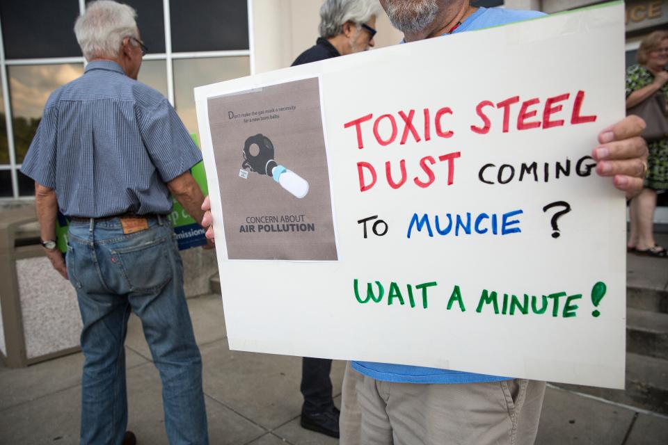 Protestors line up ibefore a Muncie City Council meeting Aug. 5. Several agenda items including public comment on the Waelz Sustainable plant at the former Borg Warner site brought out hundreds of people.