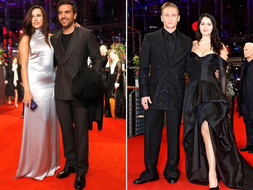 Elyas M'Barek (l.) mit Ehefrau Jessica und Matthias Schweighöfer mit Ruby O. Fee bei der Berlinale-Eröffnung. (Bild: Imago Images/Future Image / Imago Images/Future Image)