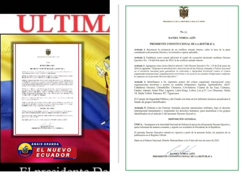 <span>Comparación entre capturas de pantalla de una publicación en Facebook (I) y de un decreto presidencial en el sitio web del gobierno ecuatoriano, hecha el 19 de junio de 2024</span>