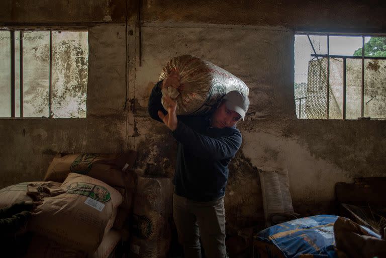 Un agricultor español carga bolsas con granos de trigo, cuyo precio creció a raíz de la guerra en Ucrania. (Photo by JORGE GUERRERO / AFP)