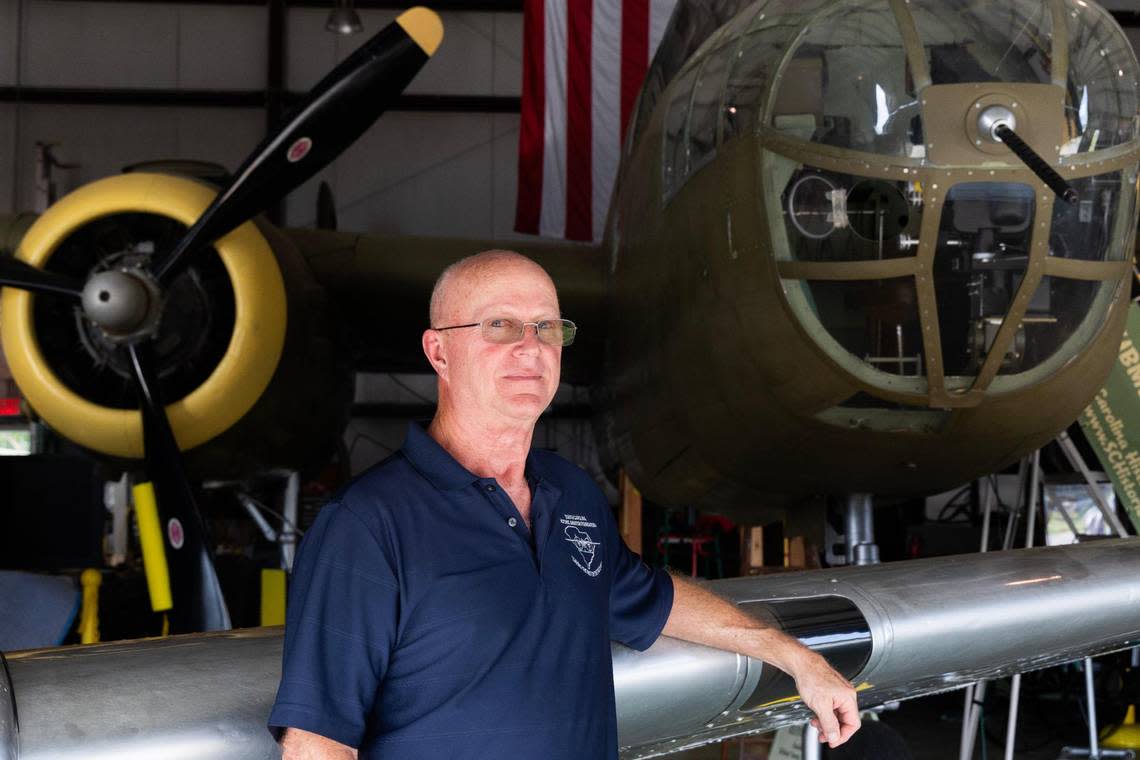 Ron Skipper show a restored B-25c at Owens Field Airport on Monday, August 7, 2023. Skipper hosts open houses on the second Saturday of every month at the hangar.