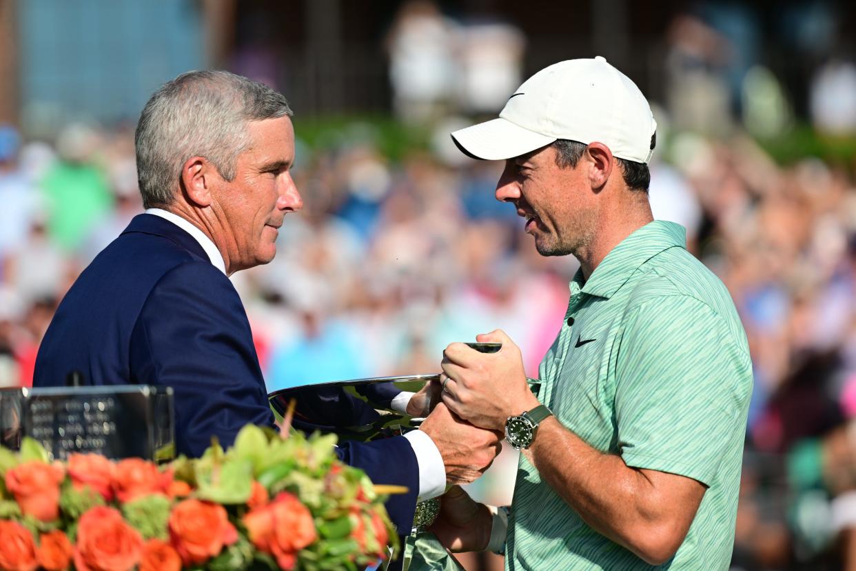 PGA Tour commissioner Jay Monahan with Rory McIlroy in August 2022.