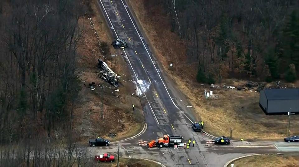 PHOTO: The scene of a deadly crash involving a semi-trailer truck and a van in Clark County, Wisconsin, March 9, 2024. (KSTP)