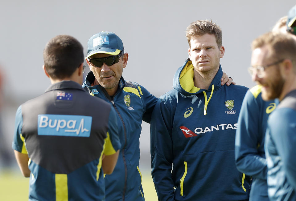 LEEDS, ENGLAND - AUGUST 20: Justin Langer, coach of Australia,  speaks to Steve Smith of Australia during the Australia Nets session at Headingley on August 20, 2019 in Leeds, England. (Photo by Ryan Pierse/Getty Images)