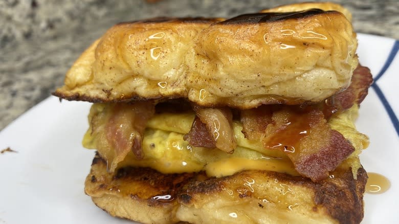 Bacon, egg, and cheese Hawaiian roll French toast