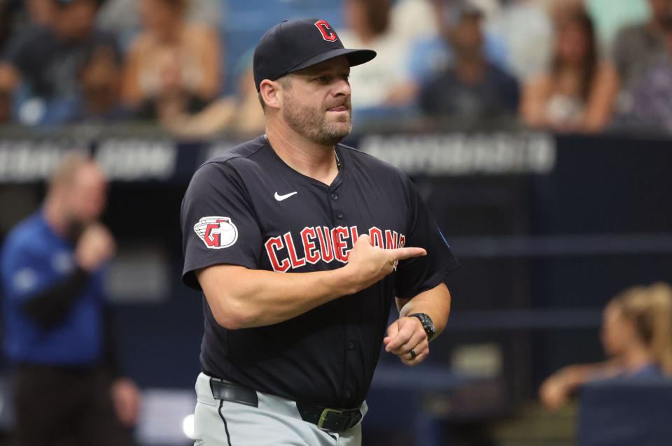 Cleveland Guardians manager Stephen Vogt points against the Tampa Bay Rays on July 14 in St. Petersburg, Fla.