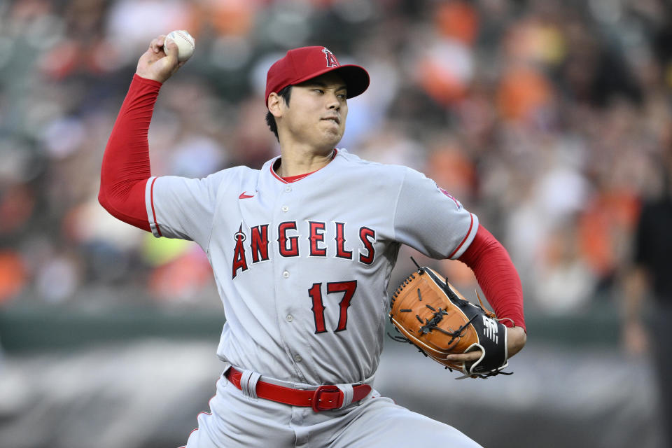 Los Angeles Angels starting pitcher Shohei Ohtani throws during the third inning of a baseball game against the Baltimore Orioles, Monday, May 15, 2023, in Baltimore. (AP Photo/Nick Wass)