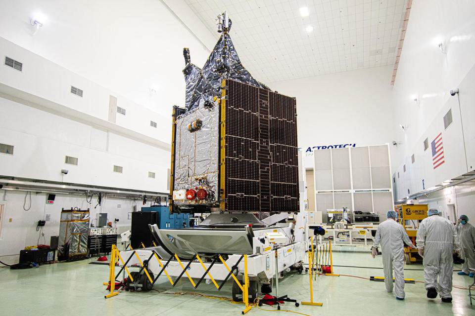 The Psyche spacecraft in a clean room near the Kennedy Space Center during final processing for launch. / Credit: William Harwood/CBS News