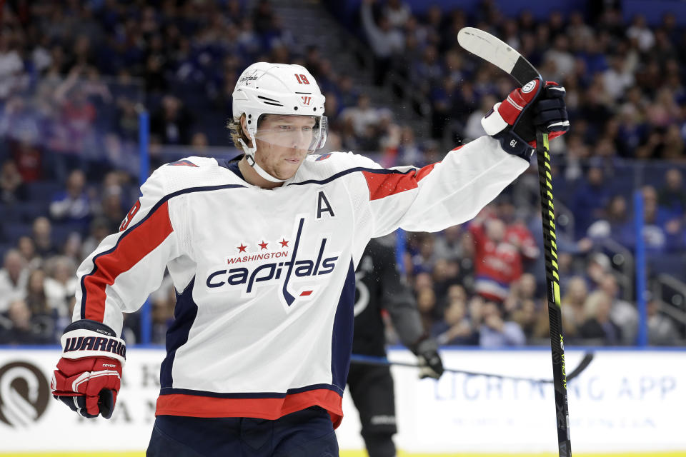 Washington Capitals center Nicklas Backstrom (19) celebrates his goal against the Tampa Bay Lightning during the first period of an NHL hockey game Saturday, Dec. 14, 2019, in Tampa, Fla. (AP Photo/Chris O'Meara)