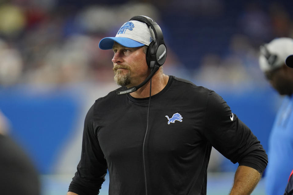 Detroit Lions head coach Dan Campbell watches from the sideline during the first half of a preseason NFL football game against the Buffalo Bills, Friday, Aug. 13, 2021, in Detroit. (AP Photo/Paul Sancya)