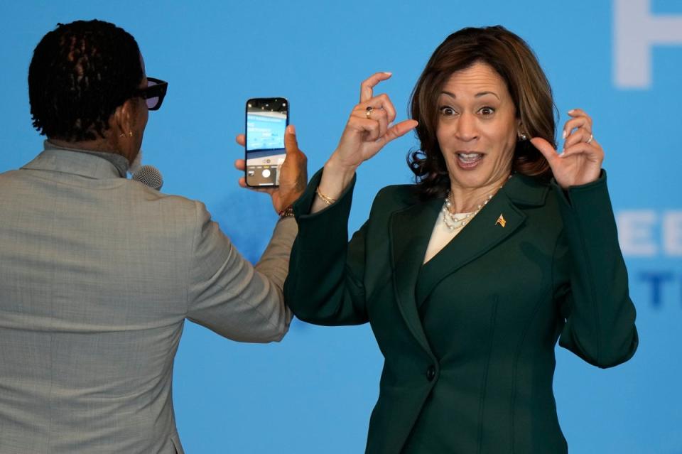 Vice President Kamala Harris poses for a photo in Milwaukee on May 16. A new wave of Harris memes and old videos are spreading across the internet as questions on Joe Biden’s future swirl. (AP)