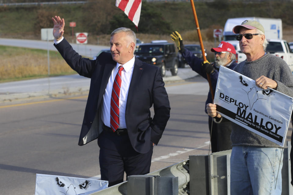 FILE - Republican U.S. Senate candidate Gerald Malloy campaigns on Friday Oct. 28, 2022, in St. Albans, Vt. Malloy faces Democratic U.S. Rep. Peter Welch, in the race to succeed Democratic U.S. Sen. Patrick Leahy, who is retiring. (AP Photo/Wilson Ring, File)