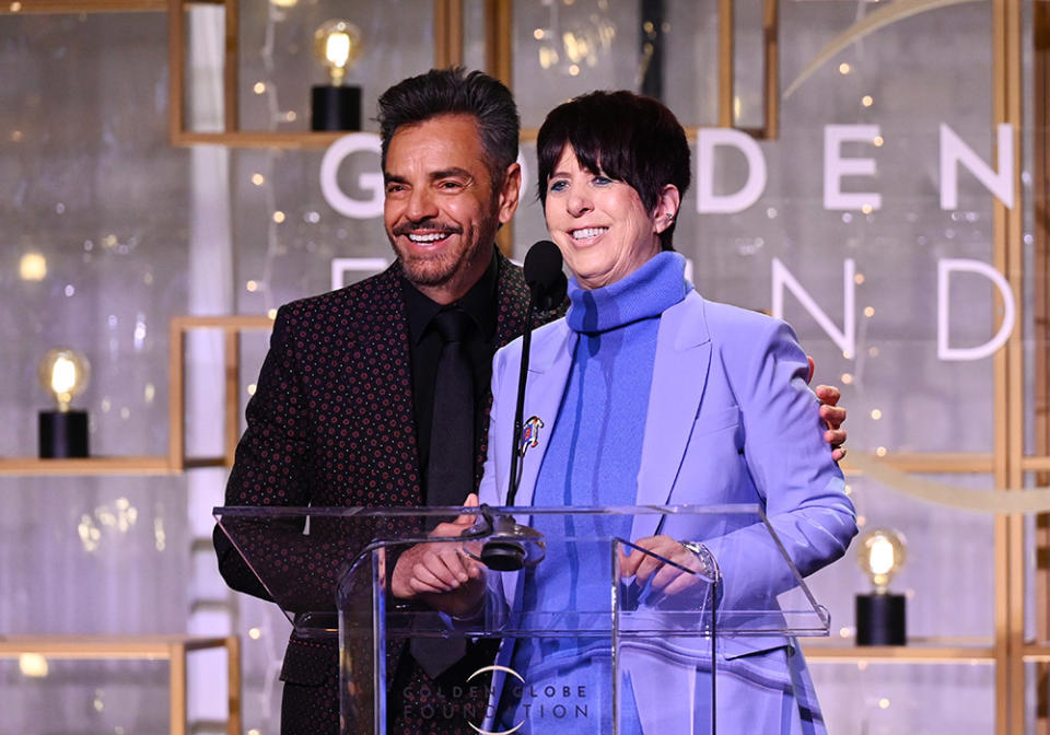Eugenio Derbez and Diane Warren at the Golden Globe Foundation Dinner held at the Beverly Hilton on January 5, 2024 in Beverly Hills, California.
