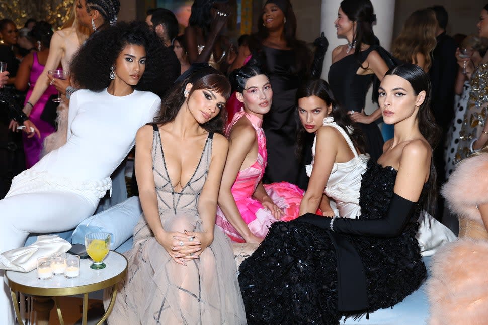 Imaan Hammam, Emily Ratajkowski, Grace Elizabeth, Irina Shayk, and Vittoria Ceretti attend The 2023 Met Gala Celebrating 