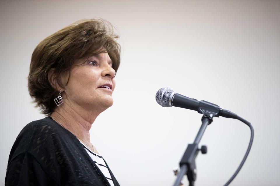 U.S. Rep. Yvette Herrell, R-N.M., speaks to the crowd during the opening of a Republican Party Hispanic outreach center on Wednesday, Sept. 7, 2022, in Las Cruces.