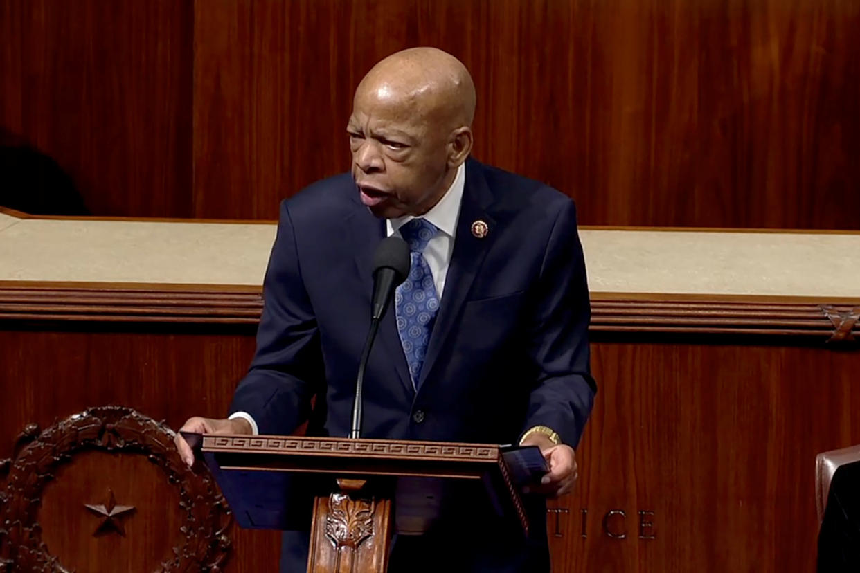 Rep. John Lewis (D-GA) speaks ahead of a vote on two articles of impeachment against U.S. President Donald Trump on Capitol Hill in Washington, U.S., in a still image from video December 18, 2019.   House TV via REUTERS.  THIS IMAGE HAS BEEN SUPPLIED BY A THIRD PARTY.