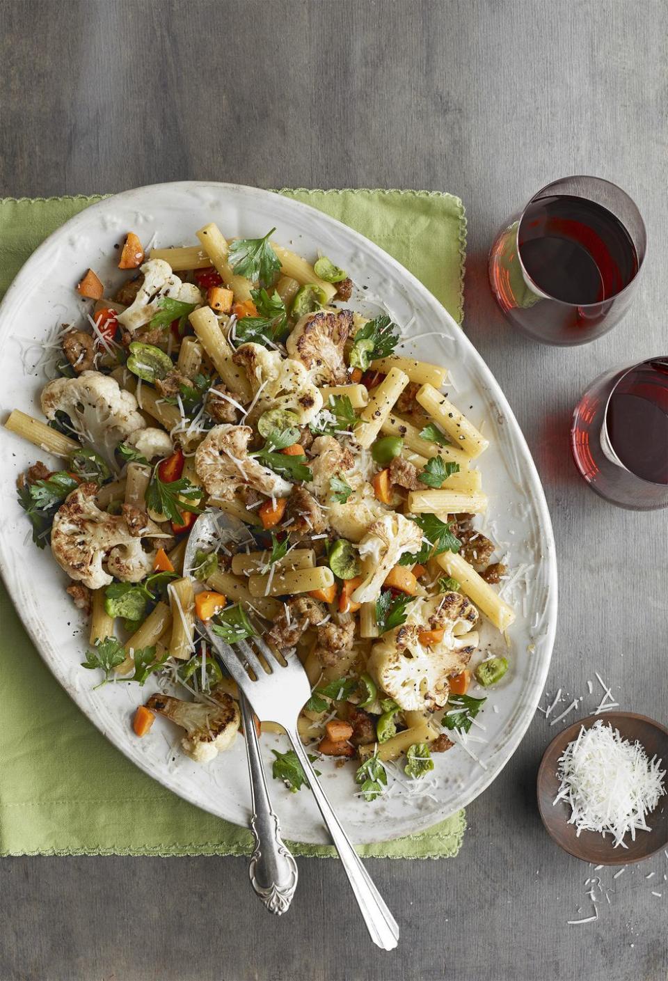 Skillet Roasted Cauliflower and Sausage Rigatoni