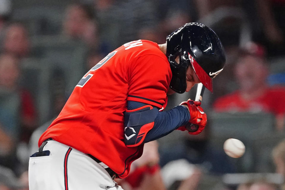 Atlanta Braves' Joc Pederson avoids being hit by a pitch from Washington Nationals reliever Sam Clay during the fifth inning of a baseball game Friday, Aug. 6, 2021, in Atlanta. (AP Photo/John Bazemore)