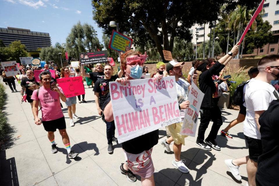 People rally in support of pop star Britney Spears on the day of a conservatorship case hearing in Los Angeles.