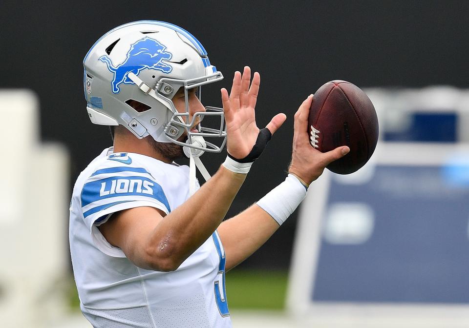 Lions quarterback Matthew Stafford warms up prior to facing the Panthers at Bank of America Stadium on Sunday, Nov. 22, 2020, in Charlotte, North Carolina.