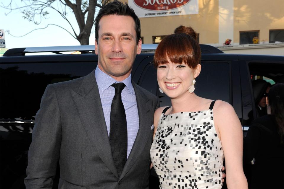Jon Hamm (L) and Ellie Kemper arrive at the premiere of Universal Pictures' "Bridesmaids" held at Mann Village Theatre on April 28, 2011 in Los Angeles, California.