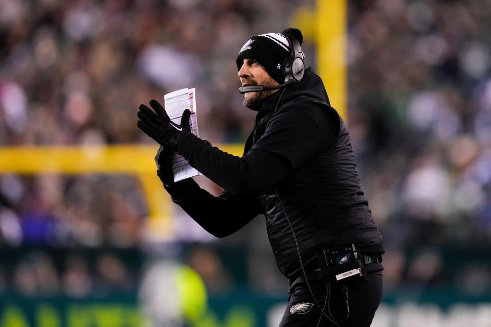 Philadelphia Eagles head coach Nick Sirianni calls for a time out during the first half of an NFL football game against the New York Giants, Sunday, Jan. 8, 2023, in Philadelphia. (AP Photo/Matt Slocum)