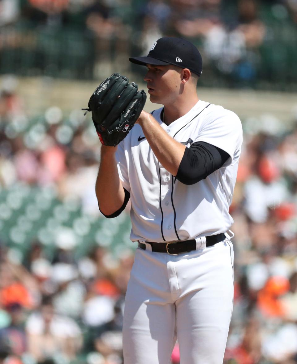 Tigers pitcher Tarik Skubal throws against the Rockies during the fifth inning in Game 1 of the doubleheader on Saturday, April 23, 2022 at Comerica Park.