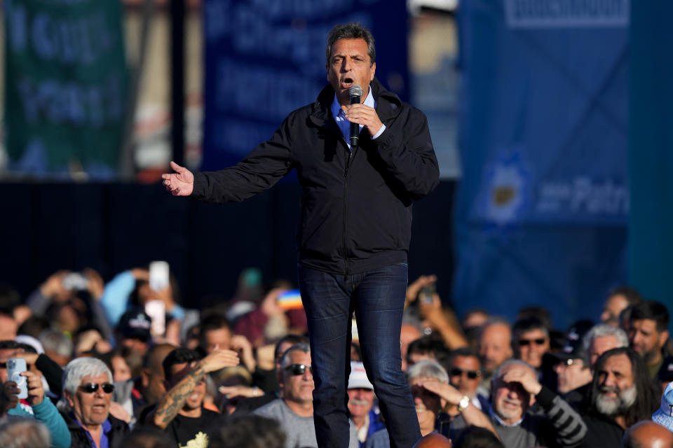 Sergio Massa, Argentine Economy Minister and ruling party presidential candidate speaks during a campaign event in Buenos Aires, Argentina, Tuesday, Oct. 17, 2023. Argentine general elections are set for Oct. 22. (AP Photo/Natacha Pisarenko)