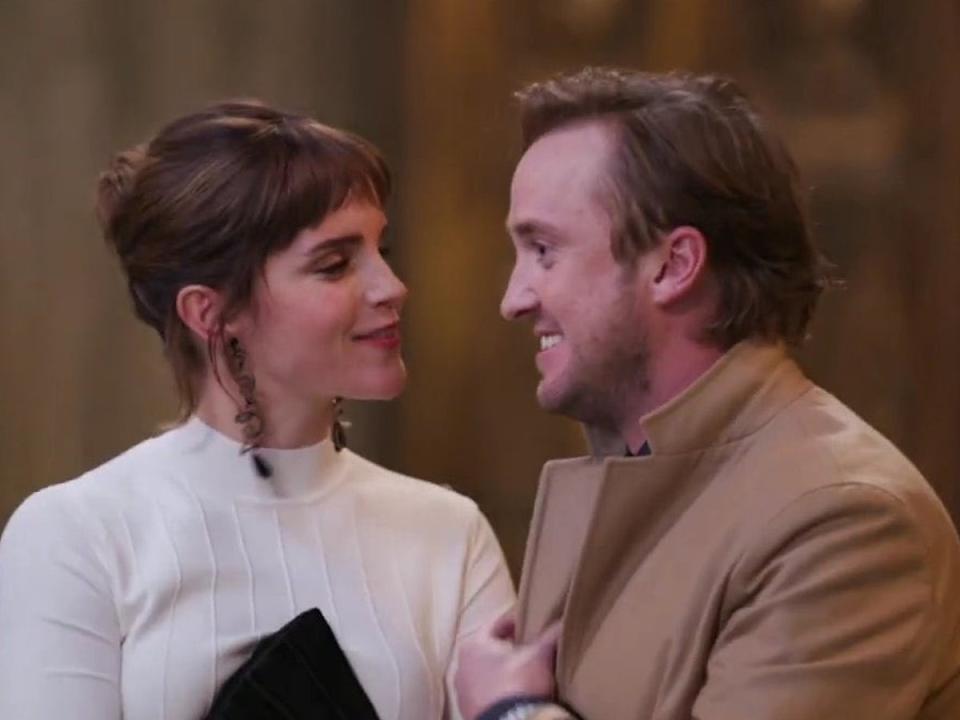 Emma Watson and Tom Felton in 2022’s Harry Potter reunion (HBO / Sky / YouTube)