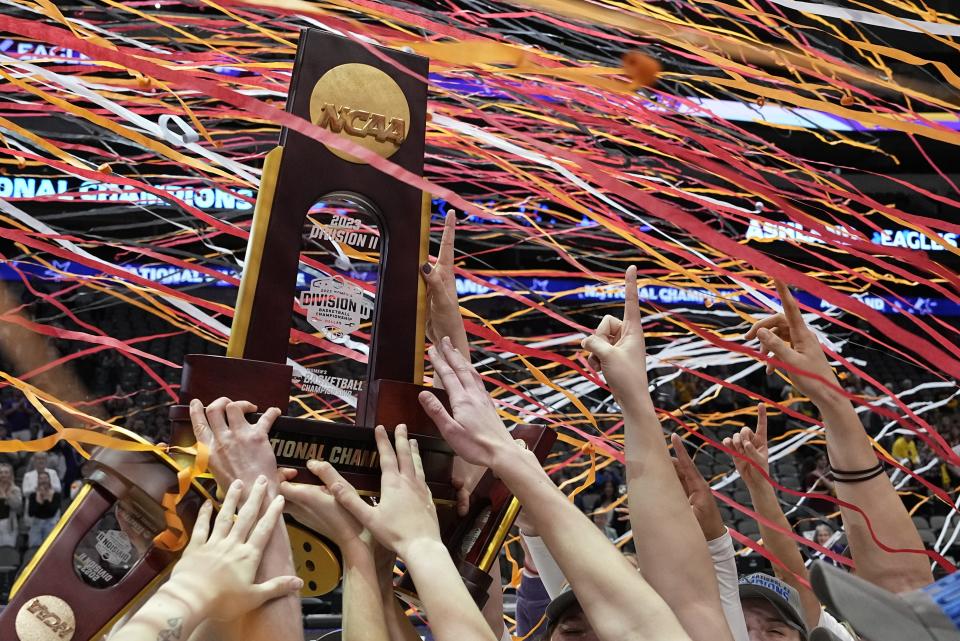 Ashland celebrates after the NCAA Women's Division 2 championship basketball game against Minnesota Duluth Saturday, April 1, 2023, in Dallas. Ashland won 78-67 to win the championship. (AP Photo/Darron Cummings)